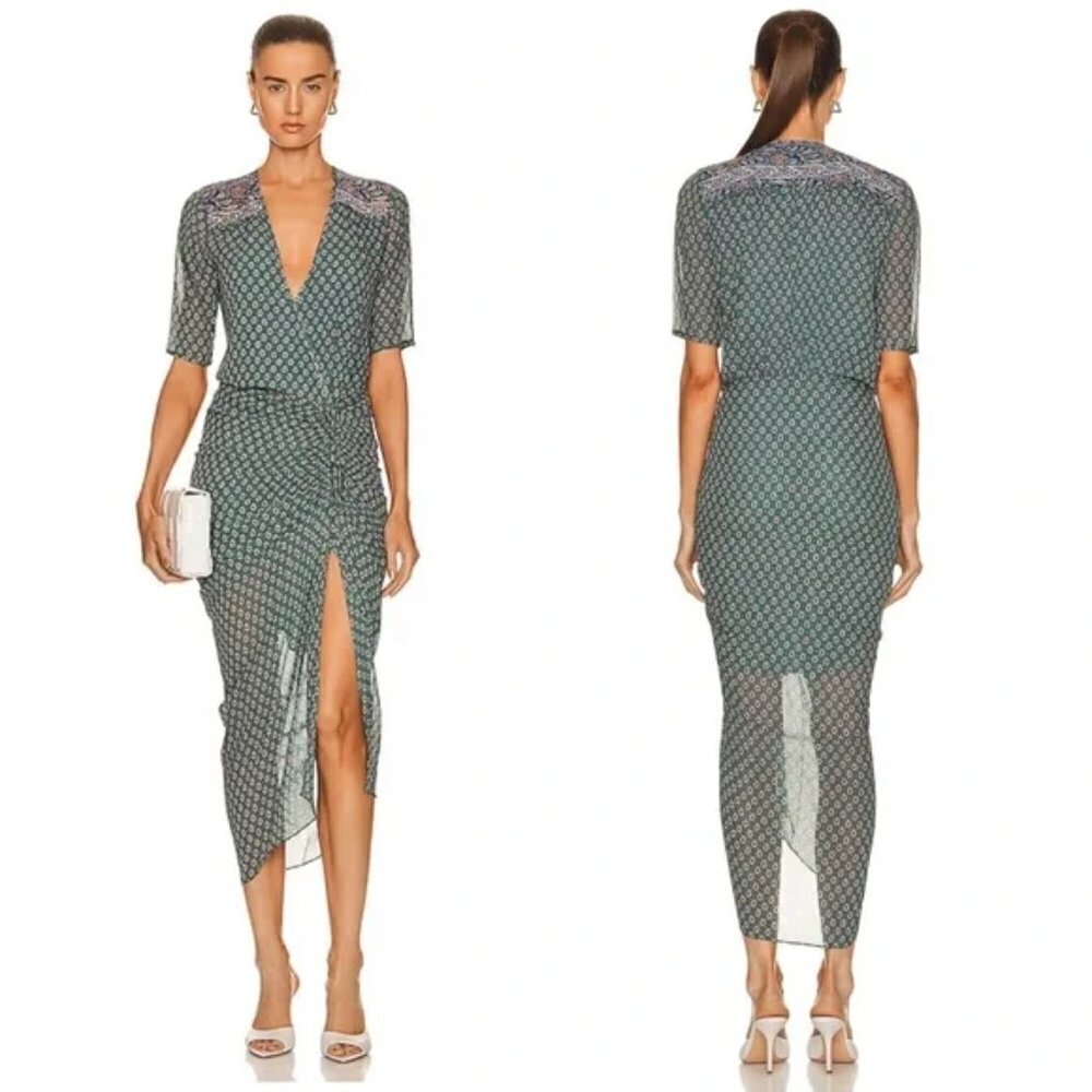 New Veronica Beard Mariposa V-Neck Short Sleeve Silk Seaglass Midi Dress NWT 2